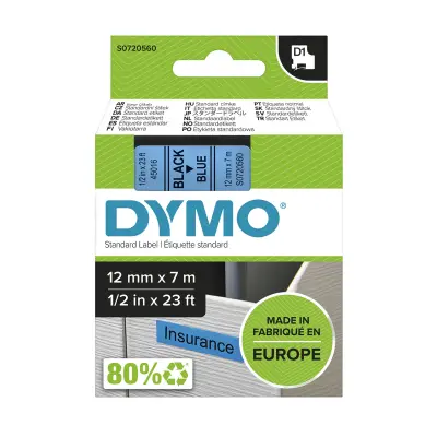 Dymo Tape 12mm x 7m Black on Blue
