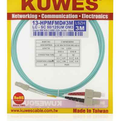 KUWES 3 MTR LC–SC 50/125μm Duplex MM Fiber Patch Cord LSZH
