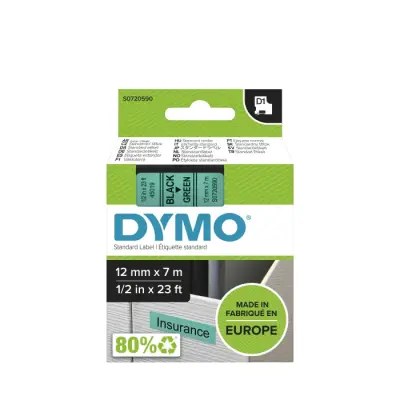 Dymo Tape 12mm x 7m Black on Green